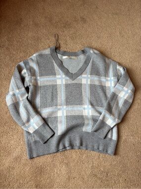 Gray Plaid V-Neck Sweater